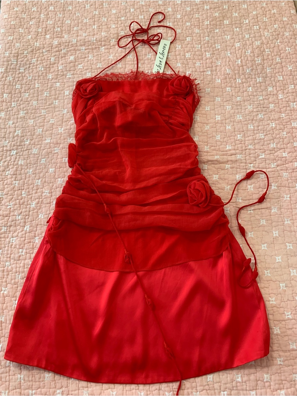 For Love and Lemons Red Strapless Rosette Mini Dress